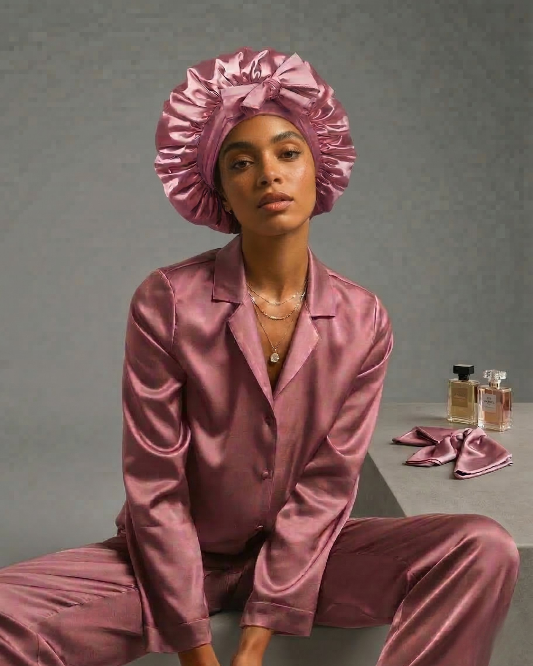 Bonnet en Satin Ajustable Rose