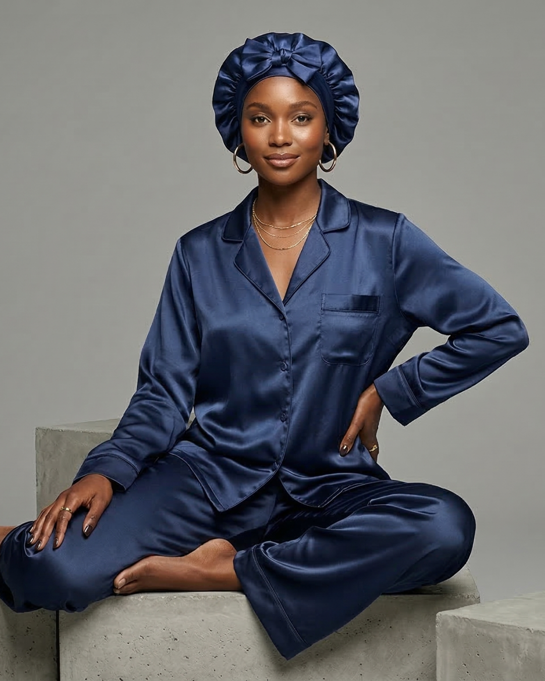 Bonnet en Satin Ajustable Bleu Marine